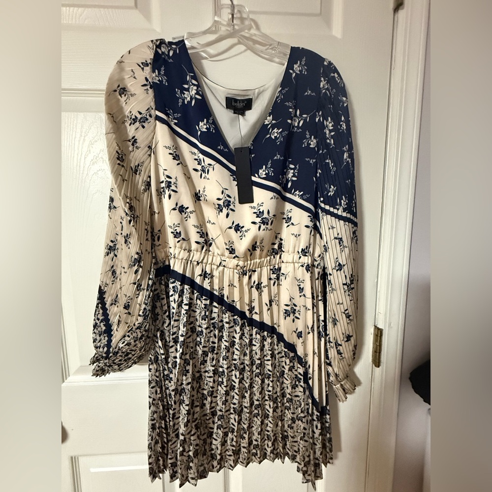 Belldini Navy and Cream Floral Pleated Long Sleeve Dress